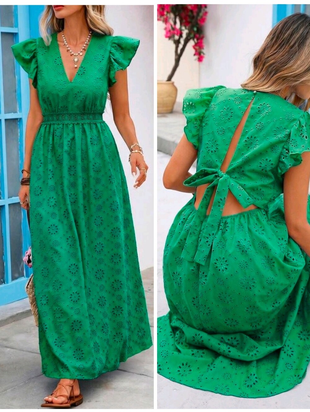 New Embroidered Eyelet Lace Ruffle Sleeve Tie Back Maxi Dress Green - Picture 1 of 10